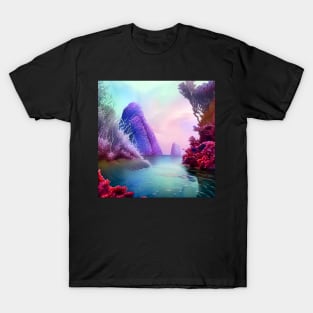 Magical Landscape Painting featuring Sea and Purple Plants, Scenery Nature T-Shirt